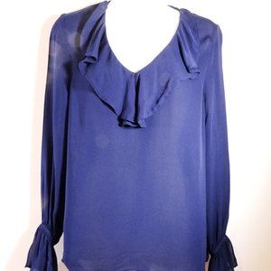 RAMY BROOK BLUE RUFFLE V NECK COLD SHOULDER LONG SLEEVE BLOUSE SZ S NWOT 398